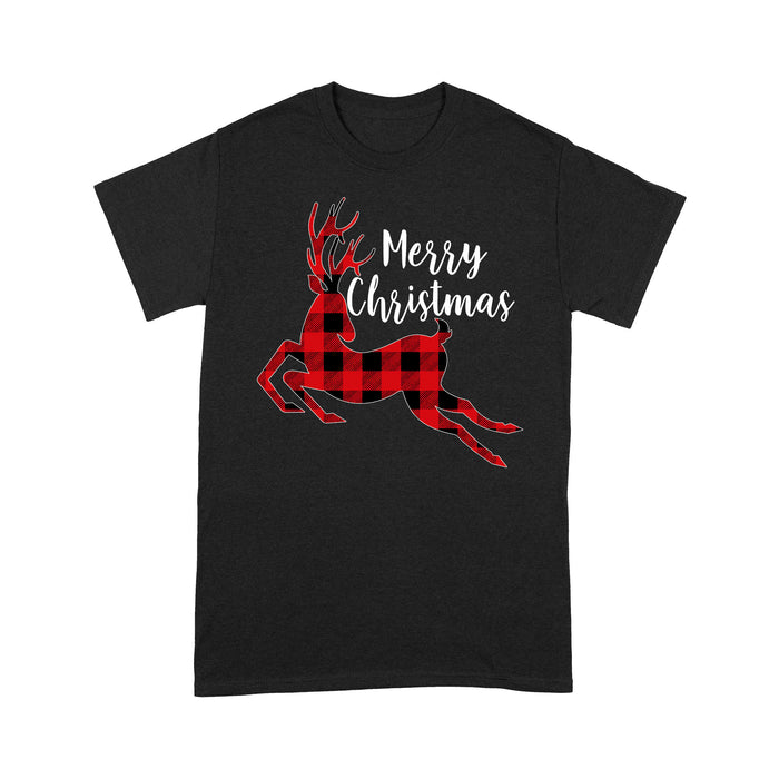 Merry Christmas Reindeer Buffalo Plaid Pattern Funny.  Tee Shirt Gift For Christmas