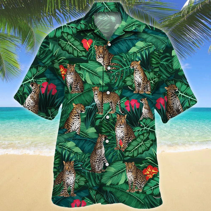 Leopard Lovers Gift Summer Beach Palm Tree Pattern Hawaiian Shirt, Hawaiian Shirt Gift, Christmas Gift