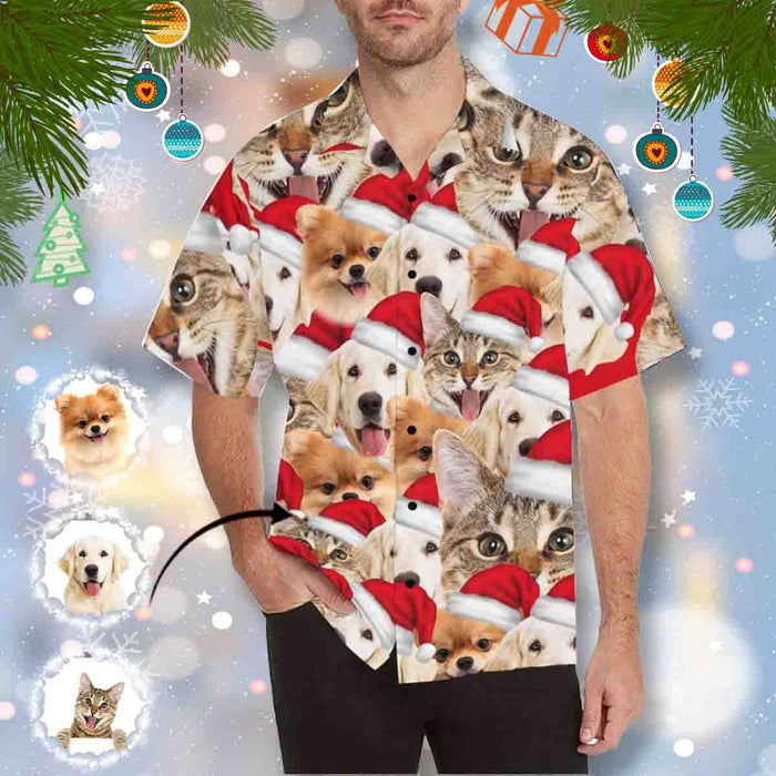 Custom Face Pet Christmas Hat Seamless Men's All Over Print Hawaiian Shirt, Hawaiian Shirt Gift, Christmas Gift.