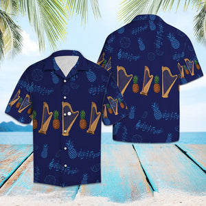 Navy Tropical Plant Harp Musical Instrument Pattern Hawaiian Shirt, Hawaiian Shirt Gift, Christmas Gift