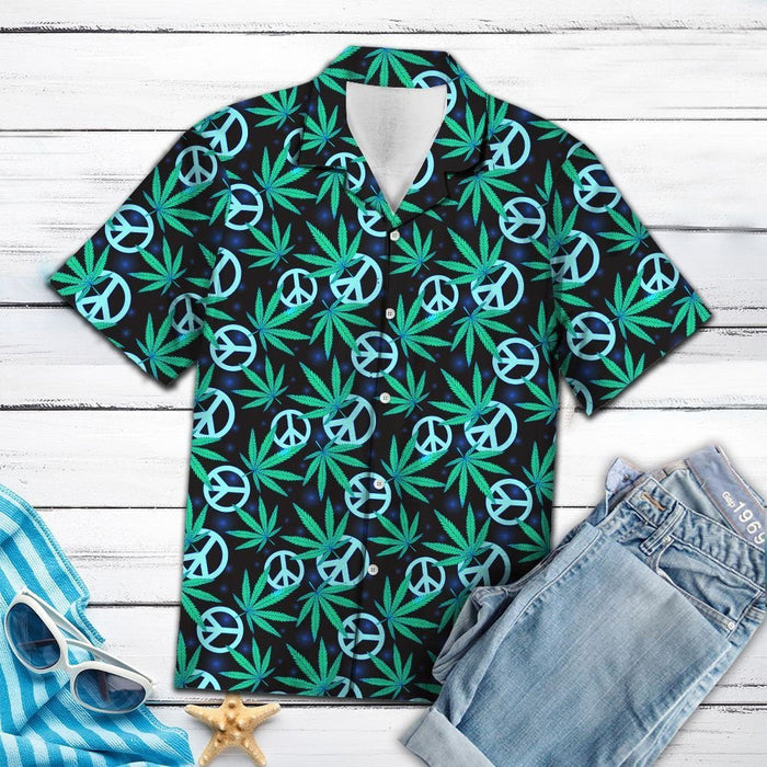 Watercolor Hippie Leaves Peace Sign Pattern Hawaiian Shirt, Hawaiian Shirt Gift, Christmas Gift