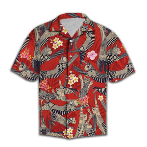 Retro Cat Party Red Background Cartoon Pattern Hawaiian Shirt, Hawaiian Shirt Gift, Christmas Gift