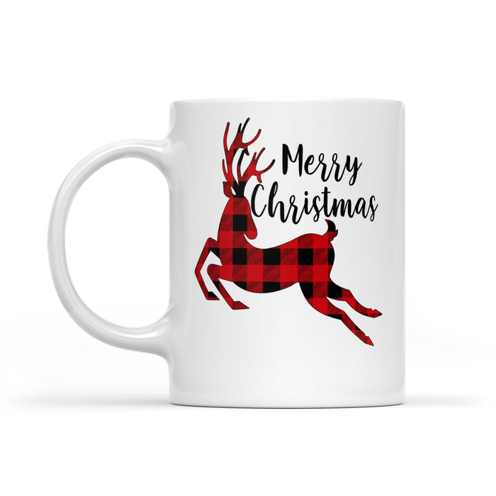 Merry Christmas Reindeer Buffalo Plaid Pattern Funny  White Mug Gift For Christmas