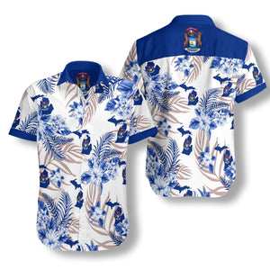 Blue Hibiscus Michigan Proud Design Hawaiian Shirt, Hawaiian For Gift