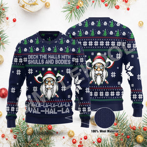 Viking Deck The Halls With Skulls And Bodies Ugly Sweater, Fa La La Vahalla Funny Sweater Viking Family Gift Idea